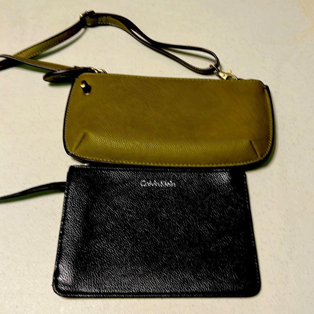 One Joy crossbody small purse olive green.  One black Calvin Klein clutch